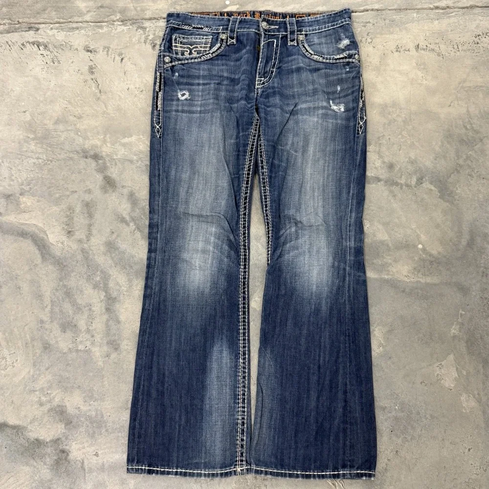 Rock Revival Shane Bootcut Jeans Mens 34 Blue Good Distressed Heavy Stitch